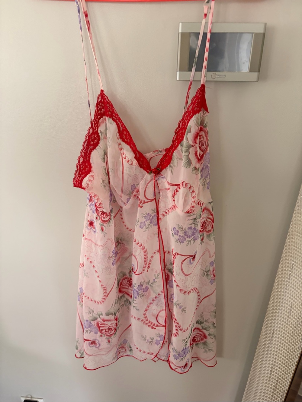 Secret Treasures Pink Floral Slip with Red Lace Trim